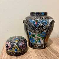 PAPAER MACHE OWL lidded ginger jar, made in Thailand, glass eyes, "cloissone" style, kitsc