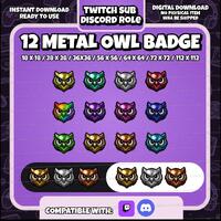 12 Metal Owl Twitch Sub Badges | Discord Role Icons | Stream Badge Pack | Gold Silver Rainbow Owl Ba