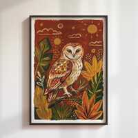 Earthy Barn Owl Print, Whimsical Folk Nature Illustration, Bohemian Wall Hanging