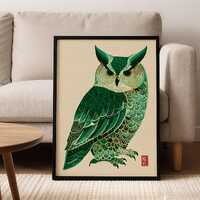 Japanese Owl Print - Green Woodblock Art - Vintage Animal Decor - Minimalist Asian Poster