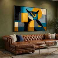 Geometric Owl Abstract Canvas, Modern Animal Wall Art, Mid Century Style Decor, Bold Colorful Artwor