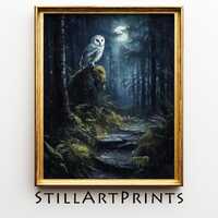 Moody Printable Barn Owl Painting - Whimsical Nocturnal Woodland Path Art, Atmospheric Moonlit Fores