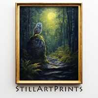 Moody Woodland Owl Printable - Spooky Night Forest Scene, Whimsical Chaos, Rustic Nocturnal Decor, N