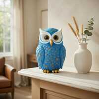 Blue Gold Accent Resin Owl Statue: Whimsical Home Decor Shelf Accent