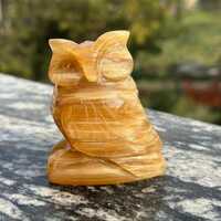 Yellow aragonite owl carving, natural stone figurine, hand carved owl
