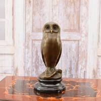 Bronze Owl Figurine: Wisdom Symbol on Marble Base