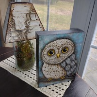 Handmade Owl Painting on Wood Block Primitive Folk Art Spring or Summer Decor
