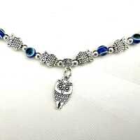 Owl Charm Bracelet Blue Evil Eye Beaded Silver Tone Owl Jewelry Adjustable Lucky Protection Gift for