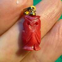 Vintage 1970s Hand-Carved Natural Coral Owl Necklace - 15" Gold Filled Chain - NOS