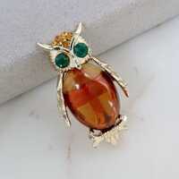 Vintage Rhinestone Amber Glass Owl Gold Brooch