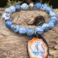 Owl pair ceramic charm Beaded Stretch Bracelet ,  BoHo  , Harbor Girl Designs