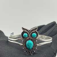 Turquoise Owl Bangle 925 Sterling Silver, Handmade Cuff Bracelet, Blue Gemstone Boho Jewelry, Vintag