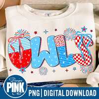 Patriotic Owls Mascot PNG, 4th of July Owls Team Spirit Design, Red Blue Fireworks Coquette Bow, Sch