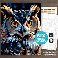 Owl Printable Paint by Number Kit: Adult Coloring Pages for Procreate, Digital Products (6 Skill Lev