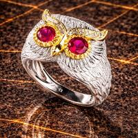 Crimson Gaze Owl Ring, Feathered Wisdom: Ruby-Eyed Owl Ring, Guardian of the Night &ndash; Diamond &