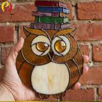 PDACE914 Book Lover Owl Stained Glass Pattern, Reading Owl Suncatcher Window Art