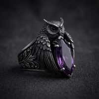 Owl Statement Ring with Purple Stone, Gothic Sterling Silver Bird Ring, Fantasy Cocktail Ring for Wo