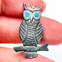 Vintage Navajo Native Owl Bird Turquoise Silver Pin Brooch