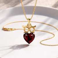 Dainty Garnet Heart Owl Necklace: Sterling Silver, Gold-Plated