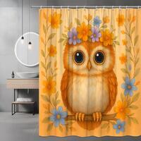 Floral Owl Shower Curtain &ndash; Whimsical Woodland Animal Bathroom Decor (70.8" x 70.8")