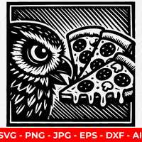 Owl Pizza SVG, Funny Food Silhouette PNG, Linocut Bird Art, Pepperoni Pizza Cut File for Cricut, Las