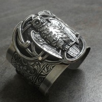 Silver Owl Bracelet:  Wide Statement Cuff, Whimsigoth, Whimsy Goth Jewelry, Witchy Accessory
