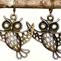 Vintage Bronze Owl Earrings &bull; Boho Nature Dangle with Rhinestone Eyes