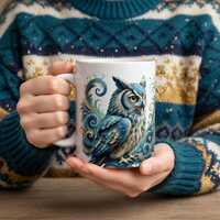 Mystical Owl Mug, Blue & Gold Swirl Owl Coffee Cup, Fantasy Wildlife, Mug Gift for Nature Lovers