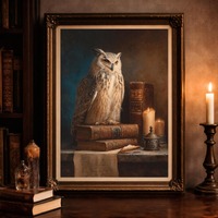 Wise Owl and Ancient Scrolls Oil Painting, Mystical Guardian of Knowledge Art, Gothic Library Schola