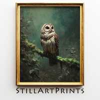 Moody Printable Barred Owl Portrait - Rustic Woodland Art, Neutral Nature Decor, Realistic Owl Paint