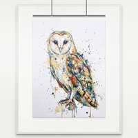 Barn Owl Nursery Print &bull; Ink Line & Watercolour Splash Art &bull; Kids Room Wall Decor &bul