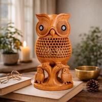 Hand Carved Wooden Owl Statue | Rustic Bird Figurine, Indian Handicraft Home Decor