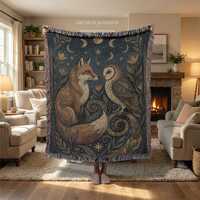 Folk Owl & Fox Tapestry Throw: Night Woodland Woven Blanket, Vintage Home Decor