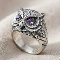 Sterling Silver Owl Ring with Amethyst Purple Eyes, 3D Owl Head Statement Ring, Wise Owl Jewelry for