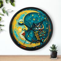 Moonface and Owl Wall Clock | Night Sky, Stars, Whimsical Art