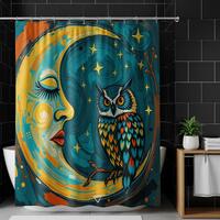 Abstract Owl Moon Shower Curtain, Vibrant Celestial Night Art, Mystical Sleeping Moon Face Decor, St