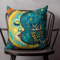 Whimsical Moon Owl Throw Pillow, Colorful Celestial Abstract Art Cushion