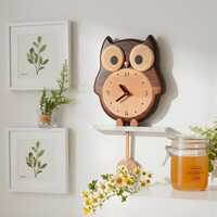 Wooden Owl Pendulum Clock, Moving Animal Wall Clock for Nursery, Whimsical Forest Decor, Silent Waln