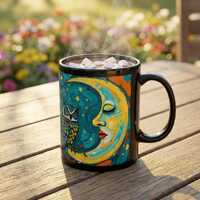 Moon Face and Owl Mug | Black Ceramic Coffee Cup