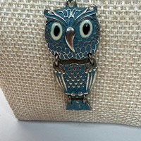 Vintage Teal Enamel Articulated Owl Pendant Necklace, Whimsical Figural Jewelry (18&ndash;20")