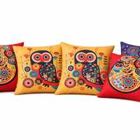 Set of 5 Owl Cushion Covers 16x16 Boho Folk Art Polycotton Pillow Decor