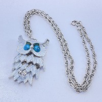 Vintage 18&rdquo; Silver Toned Necklace And Owl Pendant With White Enamel Blue Stones Used