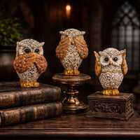 Gothic Vintage Owl Figurines, See No Evil Hear No Speak No Evil Set