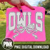Owls Coquette Bow PNG, Polka Dot Mascot Letters with Lace Outline, Pink School Spirit Design, Team M