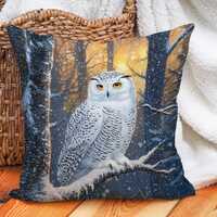 Snowy Owl Pillow Cover, Winter Owl Cushion Cover, Snow Owl Throw Pillow, Woodland Bird Decor, Rustic
