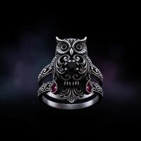 Sterling Silver Owl Ring, Black Stone Red Teardrop Accents, Gothic Boho Witchy Jewelry