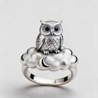 Sterling Silver Owl Cloud Moon Ring, Whimsical Night Sky Jewelry