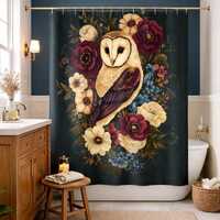 Barn Owl Floral Shower Curtain, Folk Art Botanical Bath Print, Vintage Storybook Art