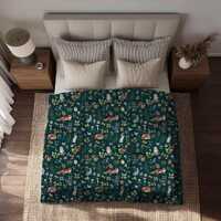 WHIMSICAL WOODLAND Microfiber Duvet Cover with Fox Deer Hare Squirrel Owl flowers & foliage, For