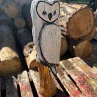 2ft Snow Owl Chainsaw Carving – Handmade Wood Owl Sculpture – Rustic Cabin Wildlife Deco